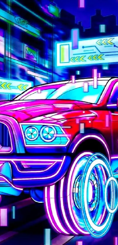 Futuristic neon car driving through a digital cityscape with vibrant colors.