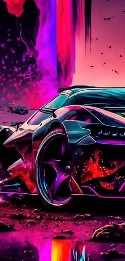 Futuristic neon car with vibrant colors at night.