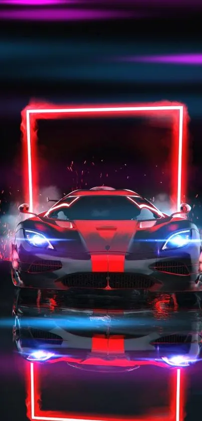 Futuristic neon red sports car wallpaper with glowing lights.