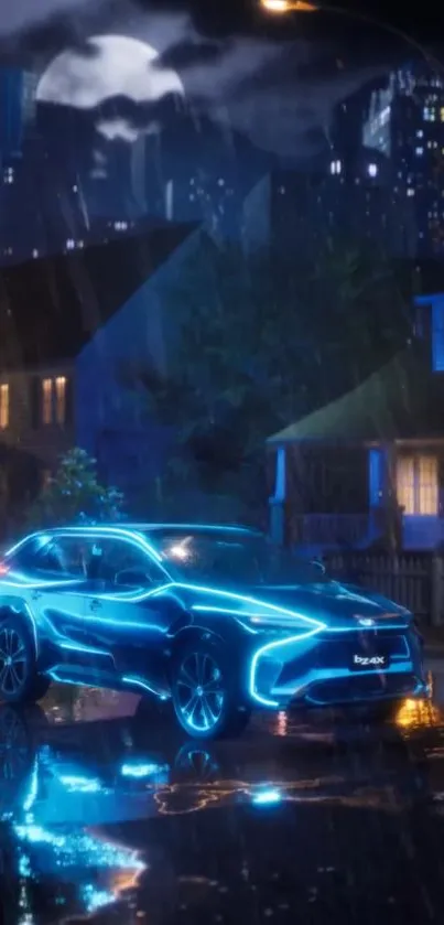 Futuristic neon car on rainy city street at night, reflecting vibrant blue lights.