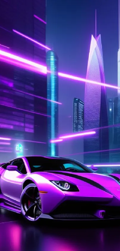 Futuristic neon-lit sports car in a vibrant cityscape at night.