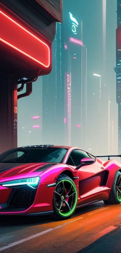 Futuristic neon-lit car in urban cityscape at night.