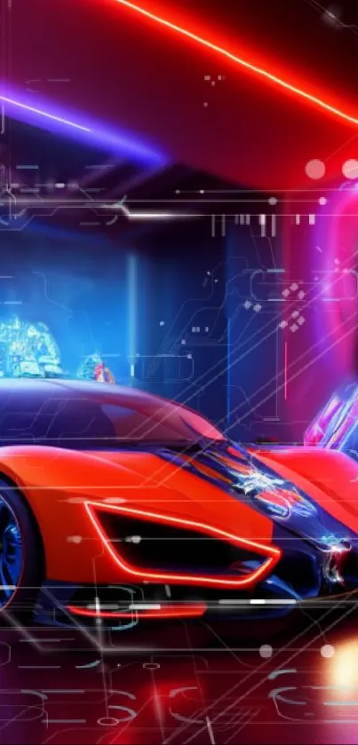 Futuristic neon car with vibrant red and blue lighting in a digital setting.