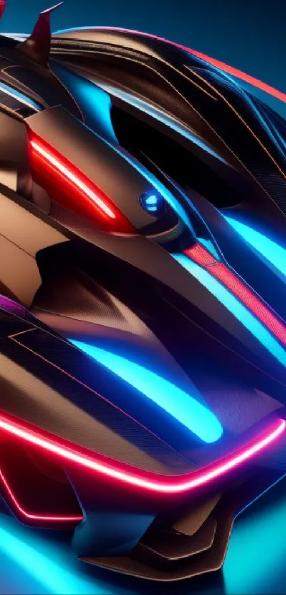 Futuristic car with vibrant neon lights and sleek design for mobile wallpaper.