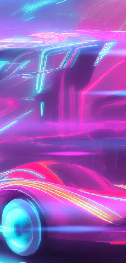 Futuristic neon car with glowing lines and vibrant hot pink hues.