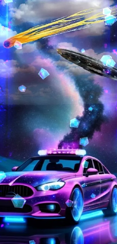 Futuristic neon car with cosmic backdrop and spaceship.