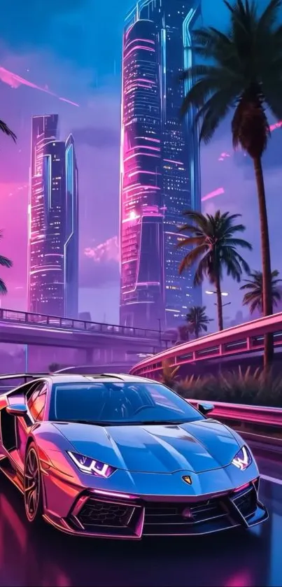 Futuristic neon-lit supercar in cityscape at night