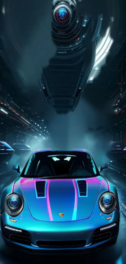 Futuristic neon car with vibrant lights in a sci-fi tunnel.