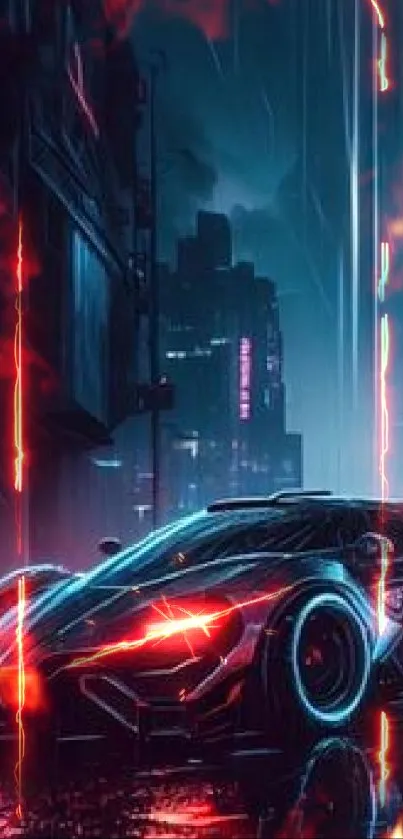 Futuristic neon car on a rainy city street at night.