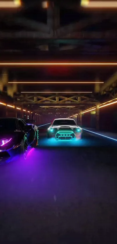 Neon cars racing through illuminated tunnel with vibrant colors.