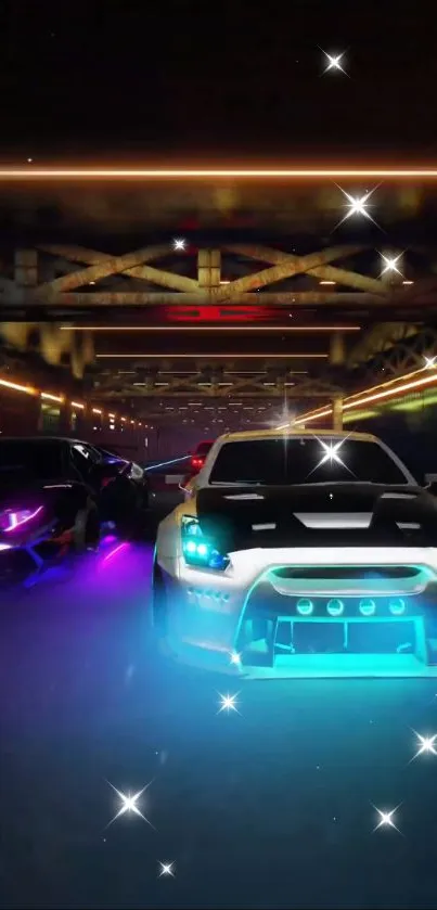 Futuristic car race with bright neon lights set in a tunnel.