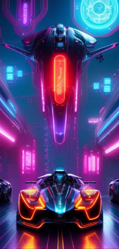 Futuristic neon cars racing through a cyberpunk cityscape in vibrant colors.