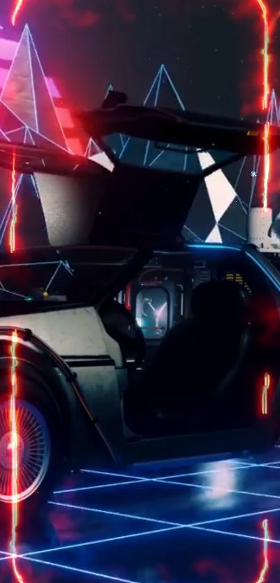 Futuristic neon-themed car with geometric shapes and vibrant lights.