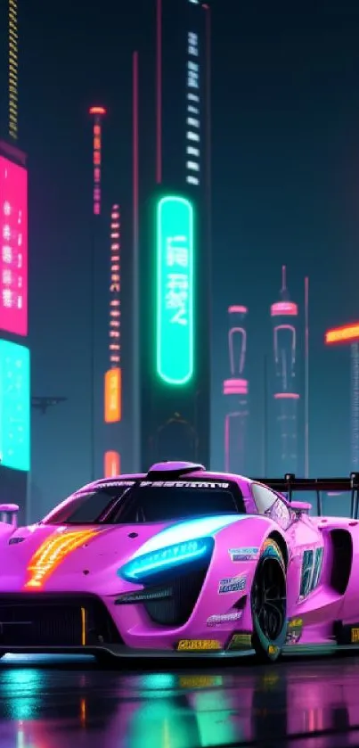 Futuristic neon-lit car on rainy city street.