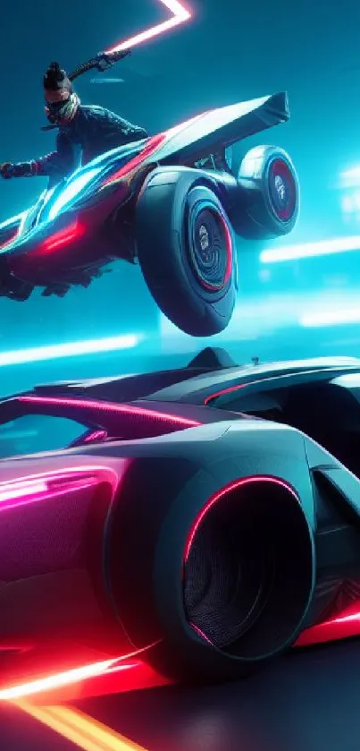 Futuristic neon car showdown with vibrant lighting effects.