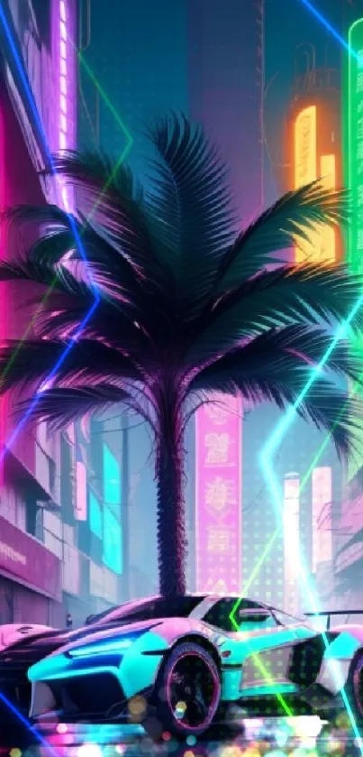 Futuristic car under neon lights with palm trees.