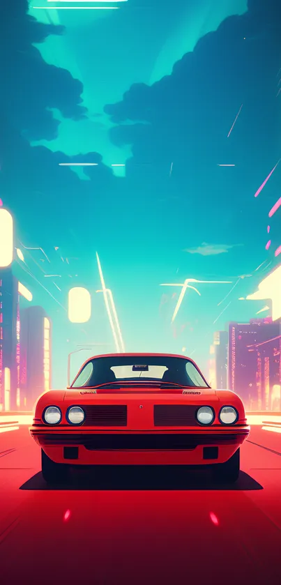 Futuristic neon car in a cyberpunk cityscape with vibrant lights.