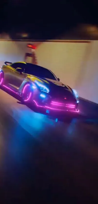 Sleek sports car with neon lights in a dark tunnel, perfect for tech lovers.