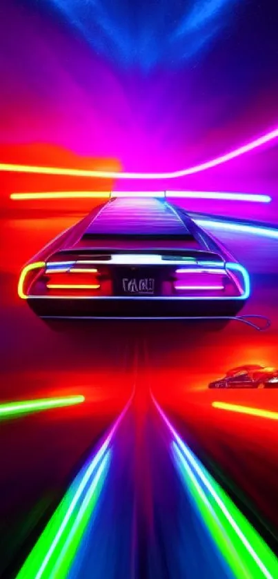 Futuristic car in colorful neon lights speeding forward.