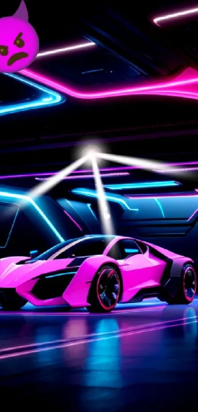 Futuristic neon car in vibrant urban setting.