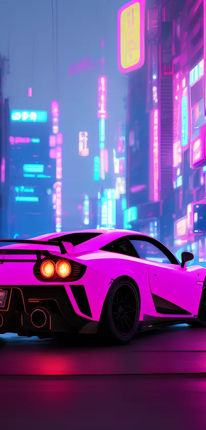 Futuristic neon car with glowing city lights in vibrant hues.