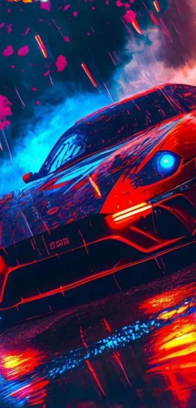 Futuristic car with neon lights in a dynamic urban setting.