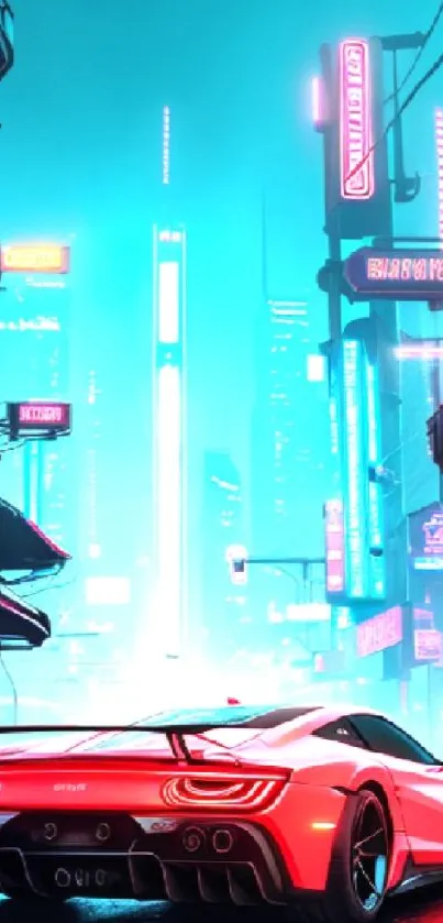 Futuristic neon city with a sleek sports car under glowing neon lights.