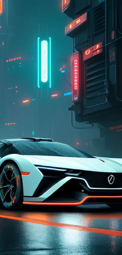 Futuristic car in neon-lit cityscape, cyberpunk style.