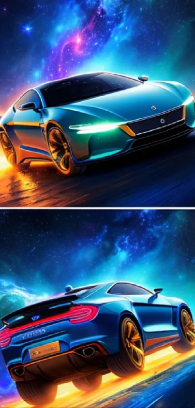 Futuristic neon car on a cosmic background.