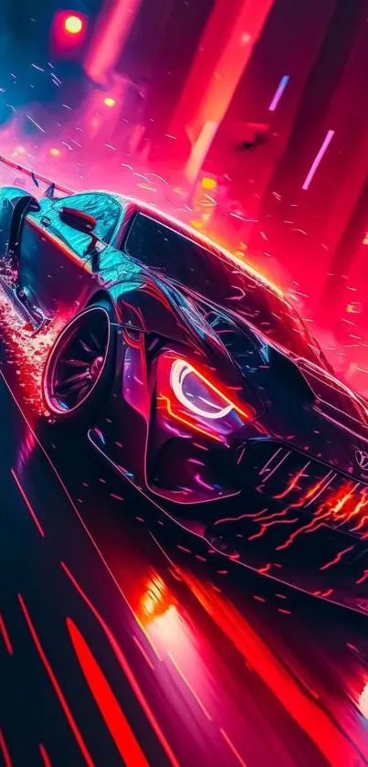 Futuristic car speeding through vibrant neon-lit cityscape.