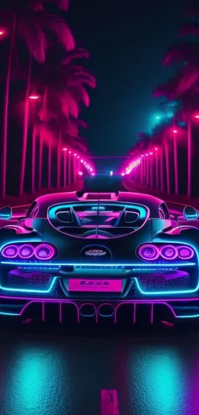 Futuristic car on neon-lit road at night.