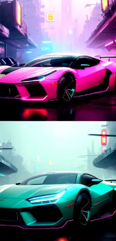 Futuristic neon cars in a cyberpunk cityscape with vibrant colors.