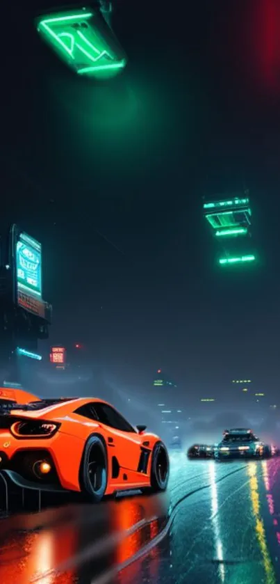 Futuristic orange car in neon-lit cyberpunk city at night.