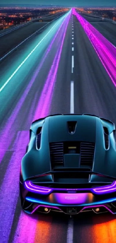 Sleek sports car on neon-lit futuristic highway at night.