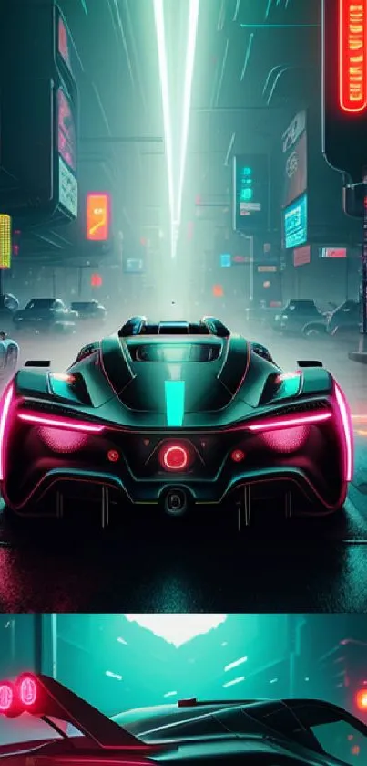 Futuristic car in neon-lit cyberpunk cityscape wallpaper.