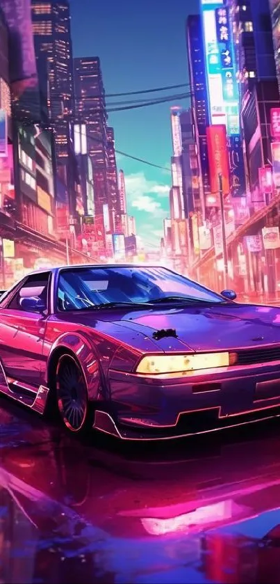 Futuristic neon car in vibrant urban cityscape.