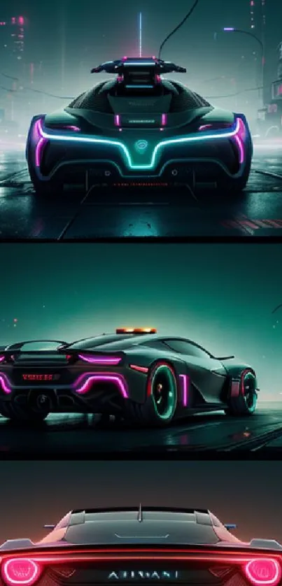 Futuristic neon car in a cyberpunk cityscape, perfect for phone wallpaper.