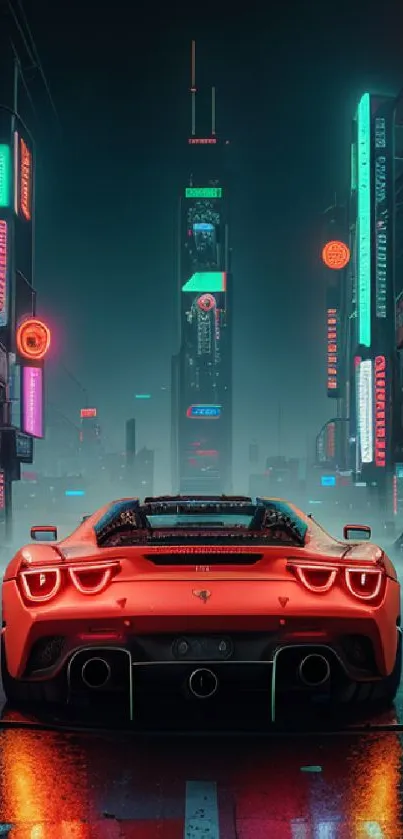 Futuristic red sports car in neon-lit cityscape.