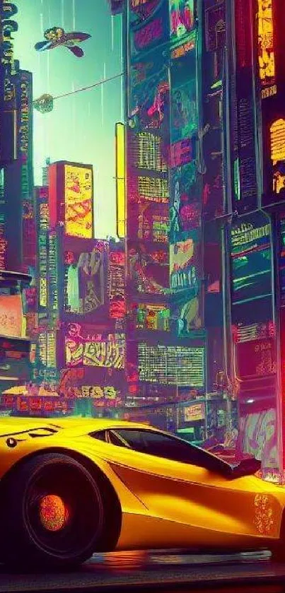 Yellow sports car in a neon-lit futuristic cityscape.