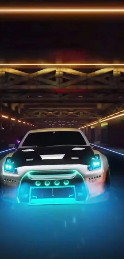 Futuristic neon car driving in a vibrant urban tunnel with glowing lights.