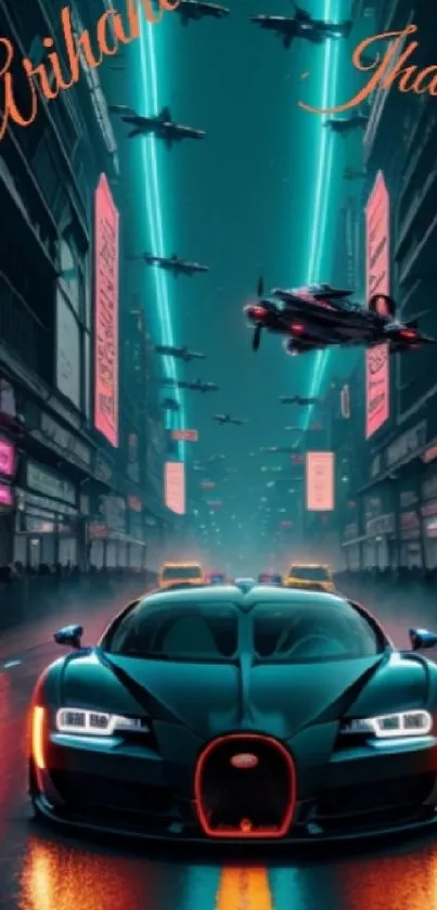 Sleek car in neon-lit futuristic city street wallpaper.