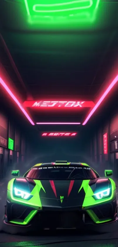 Futuristic car with vibrant neon lights in an urban setting.