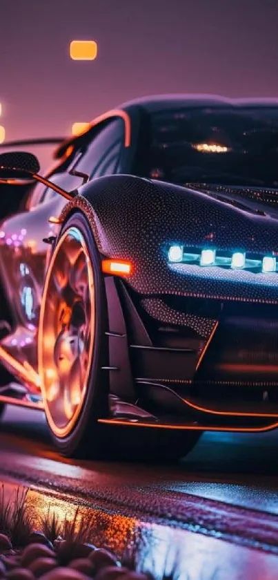 Futuristic sports car with neon lights in an urban night setting.