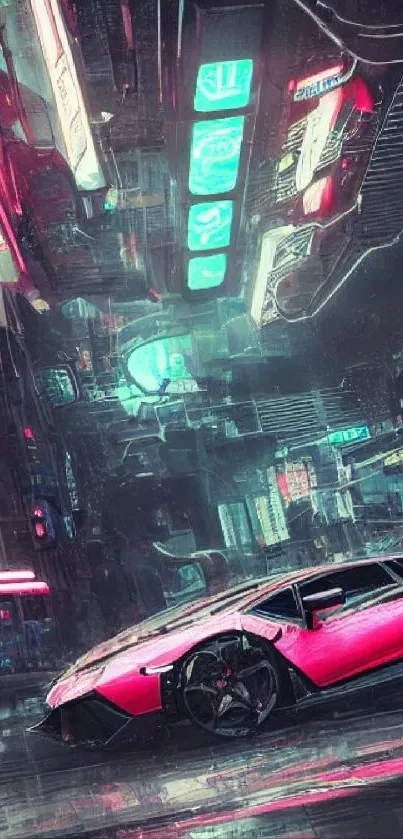 Futuristic neon car in a cyberpunk city alleys.