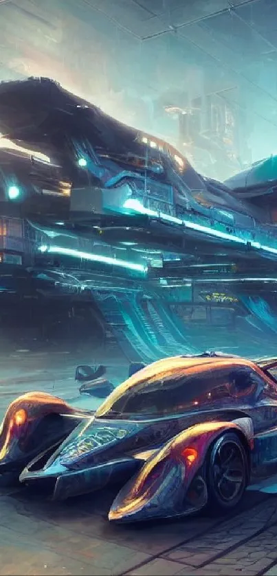 Futuristic neon-lit car in a high-tech urban environment.