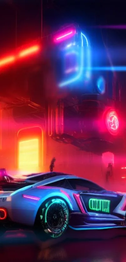 Futuristic neon car in a cyberpunk cityscape with vibrant lights.