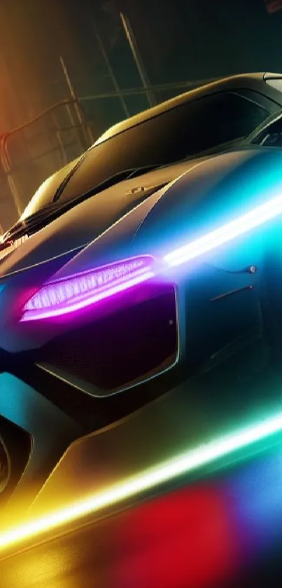 A sleek futuristic car with neon lights in a cyberpunk setting.