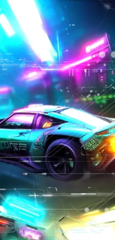 Futuristic car with neon lights in vibrant colors on a mobile wallpaper.