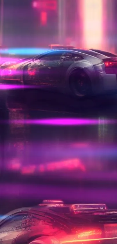 Neon futuristic cars racing in a vibrant cityscape.