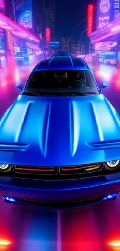 Neon-lit blue car in a futuristic city street.